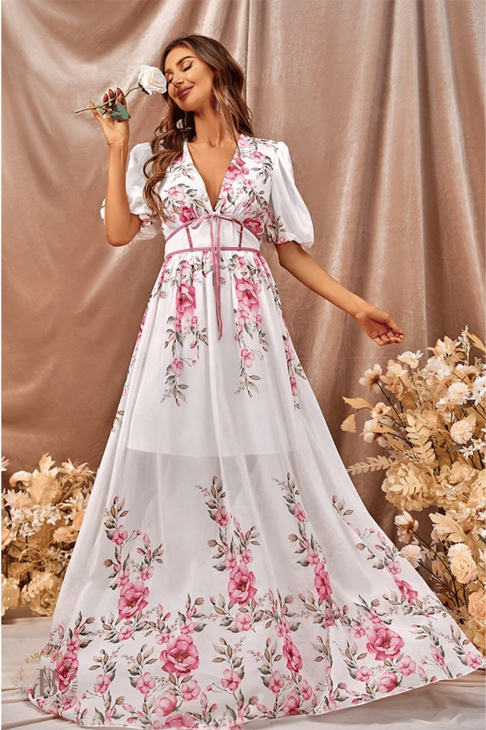 Abito da Cerimonia Bianco con stampa Floreale Rosa | Paradiso Bohemien