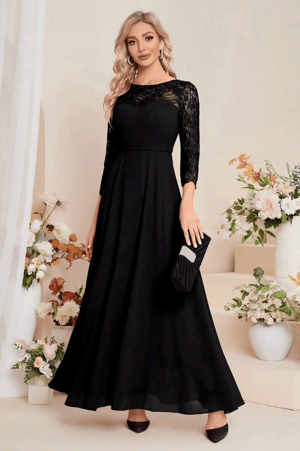 Design Vestito Tfnc Abito Lungo Nero Maniche Lunghe TFNC Plus