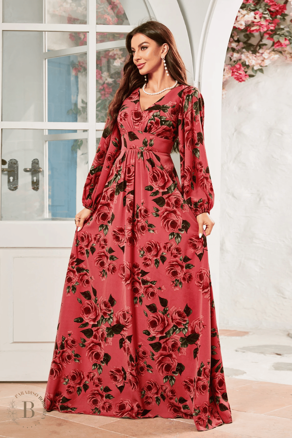 Vestito Rosso Lungo da Cerimonia con stampa Floreale in stile Boho | Paradiso Bohemien