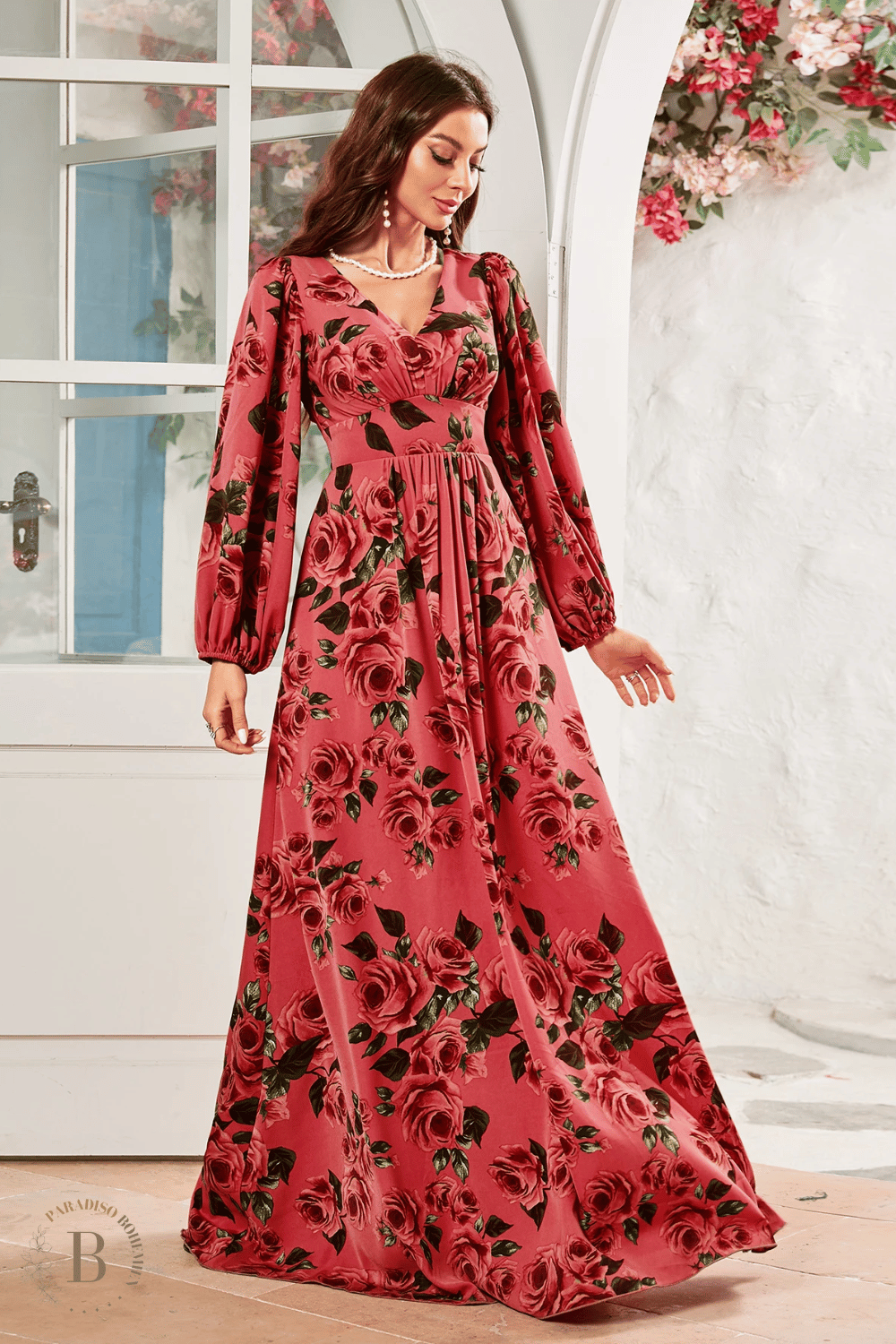 Vestito Rosso Lungo da Cerimonia con stampa Floreale e Maniche Lunghe | Paradiso Bohemien