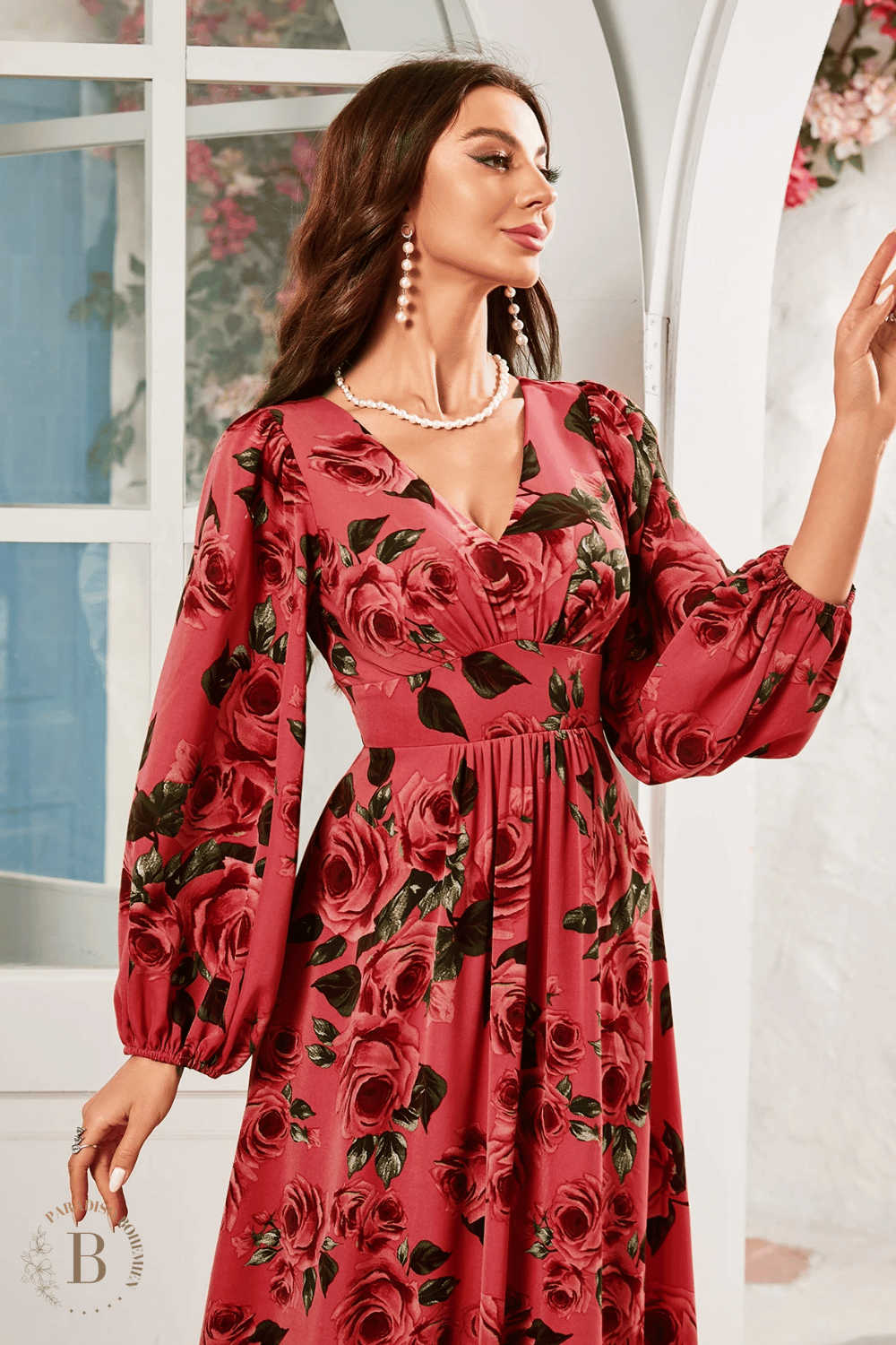 Vestito Lungo Rosso da Cerimonia con stampa Floreale | Paradiso Bohemien