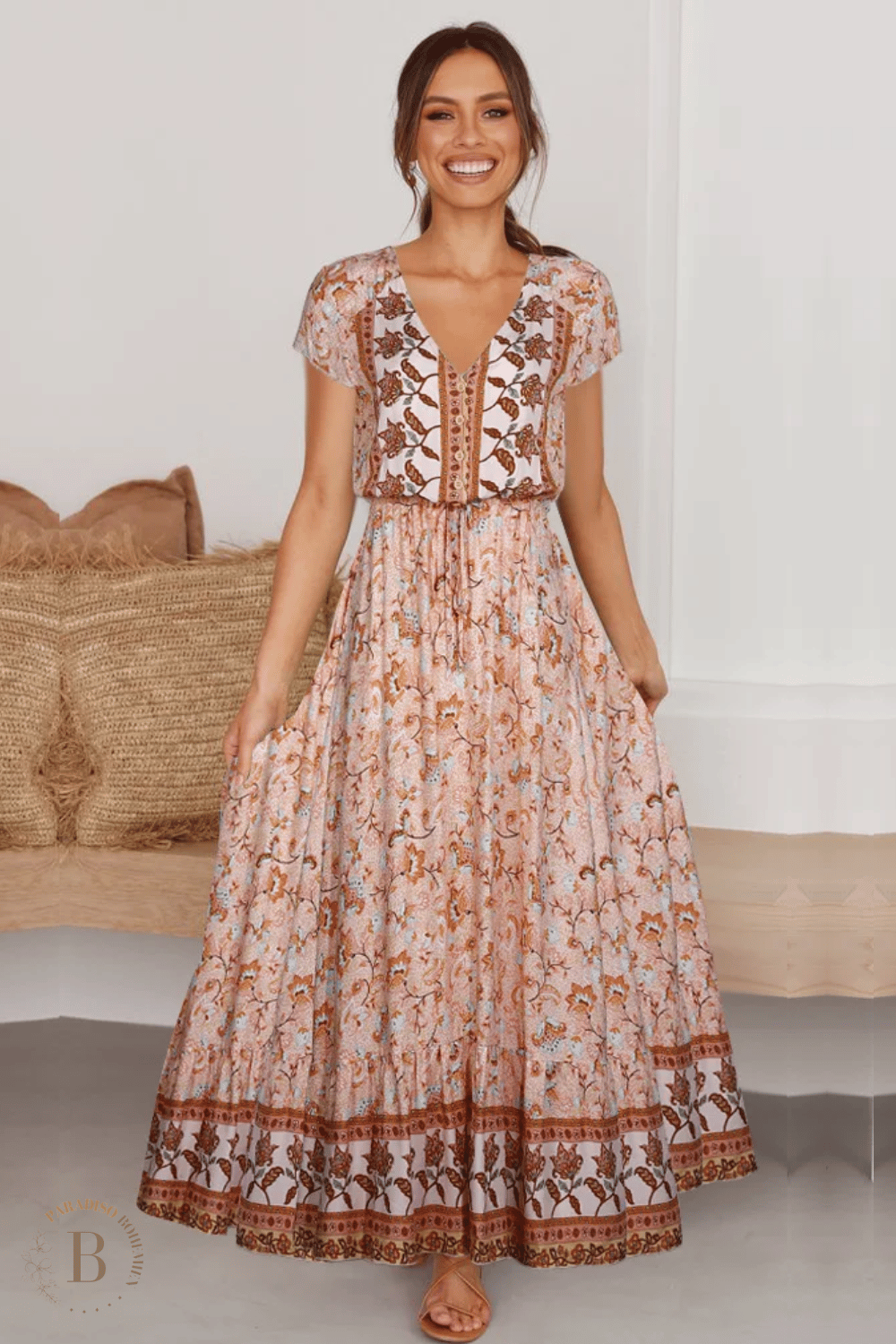 Guru-Shop Abito Batik Midi Senza Schienale - Boho Pixi, Rosso, Taglia 38, In Sintetico Con Legacci Al Collo