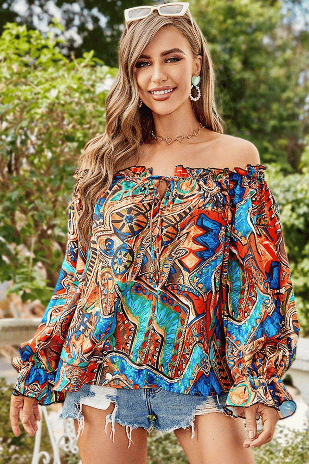 Blusa a fiori con spalle scoperte per donna | Paradiso Bohemien