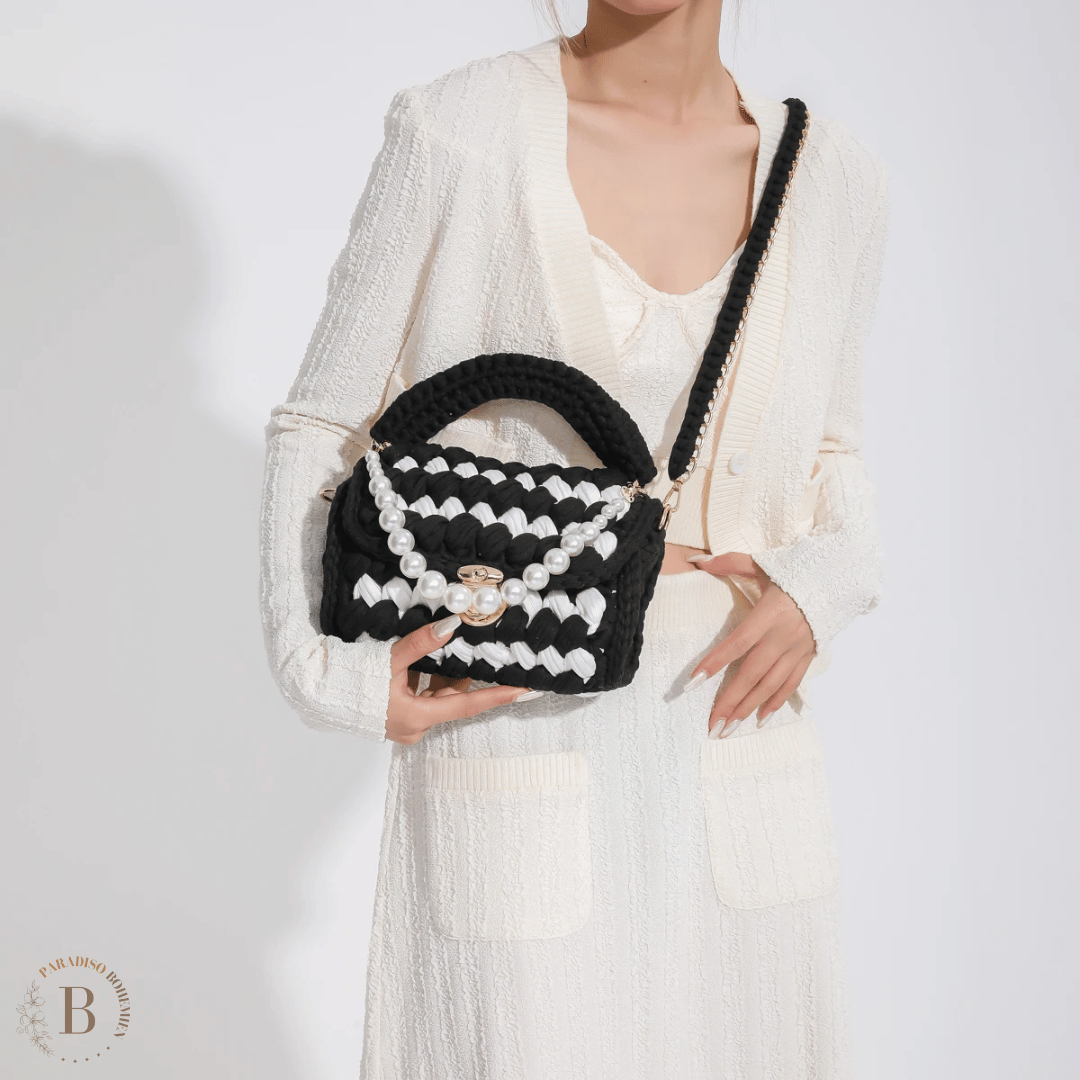 Borsa Uncinetto Nera con Manico di Perle e Tracolla | Paradiso Bohemien