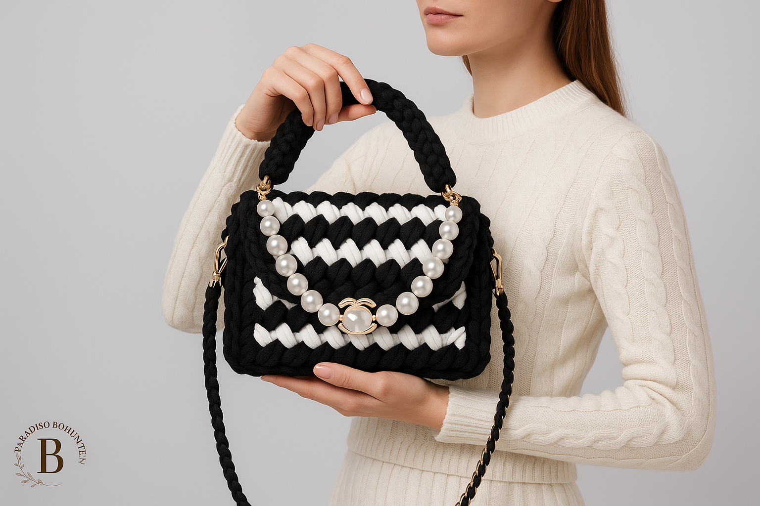 Borsa Uncinetto Nera Elegante - Immagine Principale con Logo