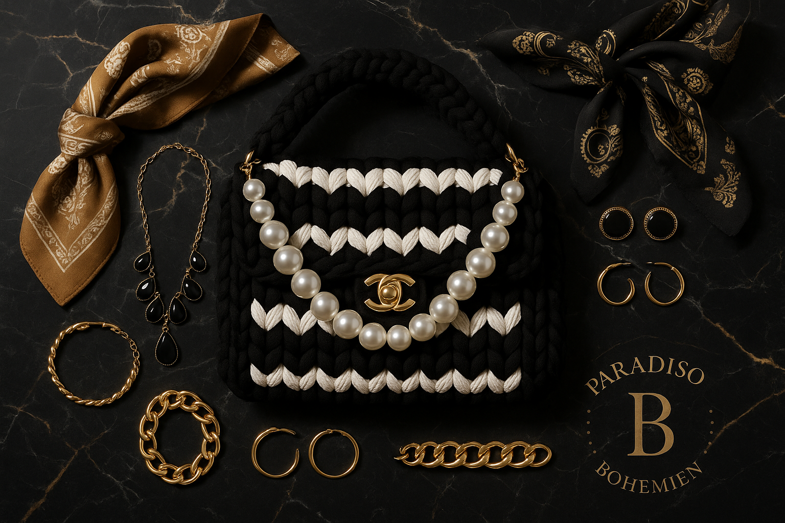 Styling Nero Elegante con Accessori - Logo Paradiso Bohemien