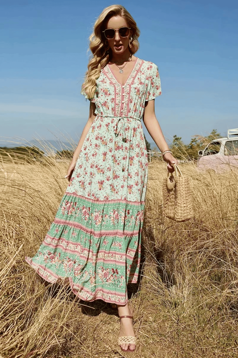 Vestito Lungo Verde a Fiori Country Chic Paradiso Bohemien