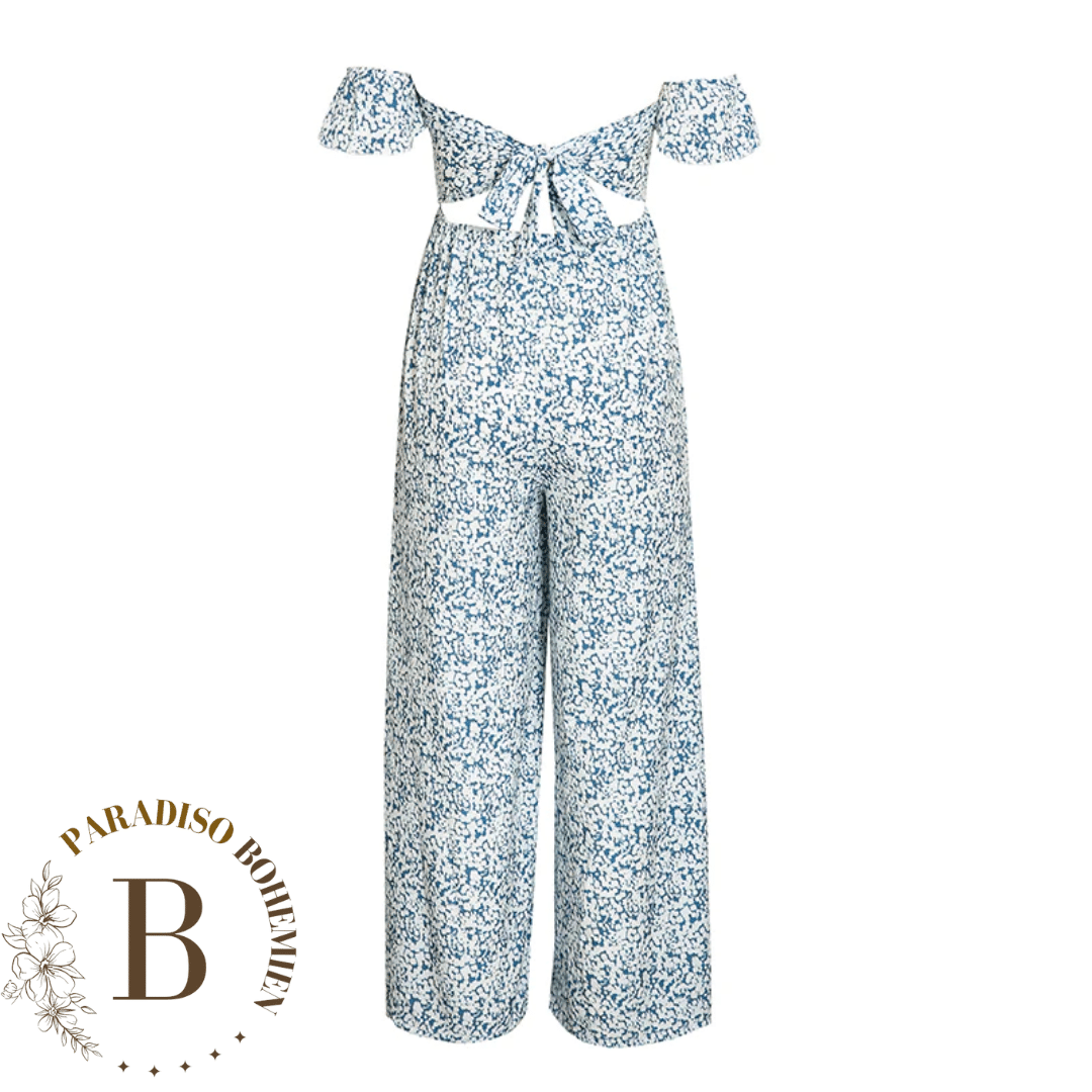 Tuta a fiori blu con scollo bardot | Paradiso Bohemien