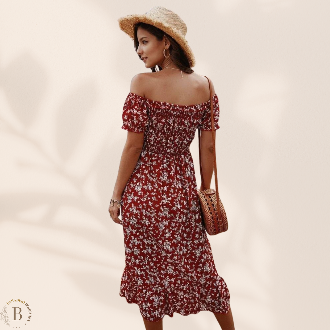 Abito a Spalle Scoperte colore Bordeaux | Paradiso Bohemien