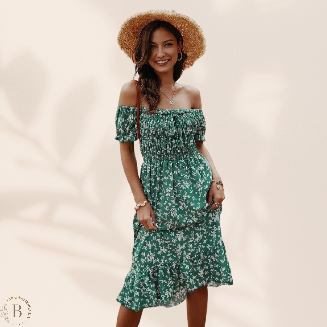 Abito a Spalle Scoperte colore Verde | Paradiso Bohemien