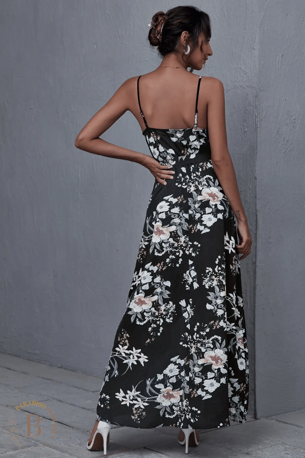 abito nero lungo con fiori | Paradiso Bohemien