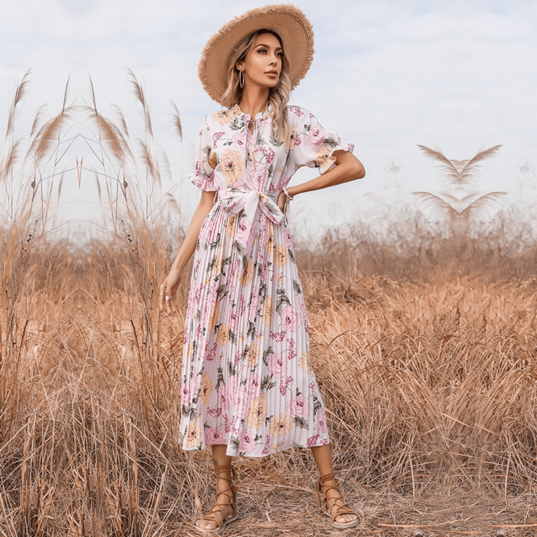 Abito Boho Chic Rosa e Verde Plissettato | Paradiso Bohemien
