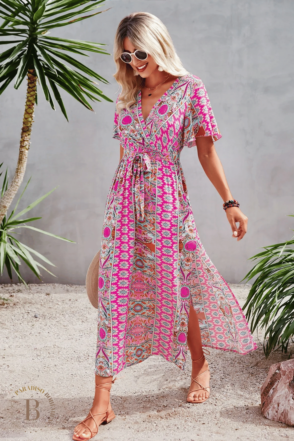 Abito Lungo Rosa con Spacco in Stile Bohémien | Paradiso Bohemien