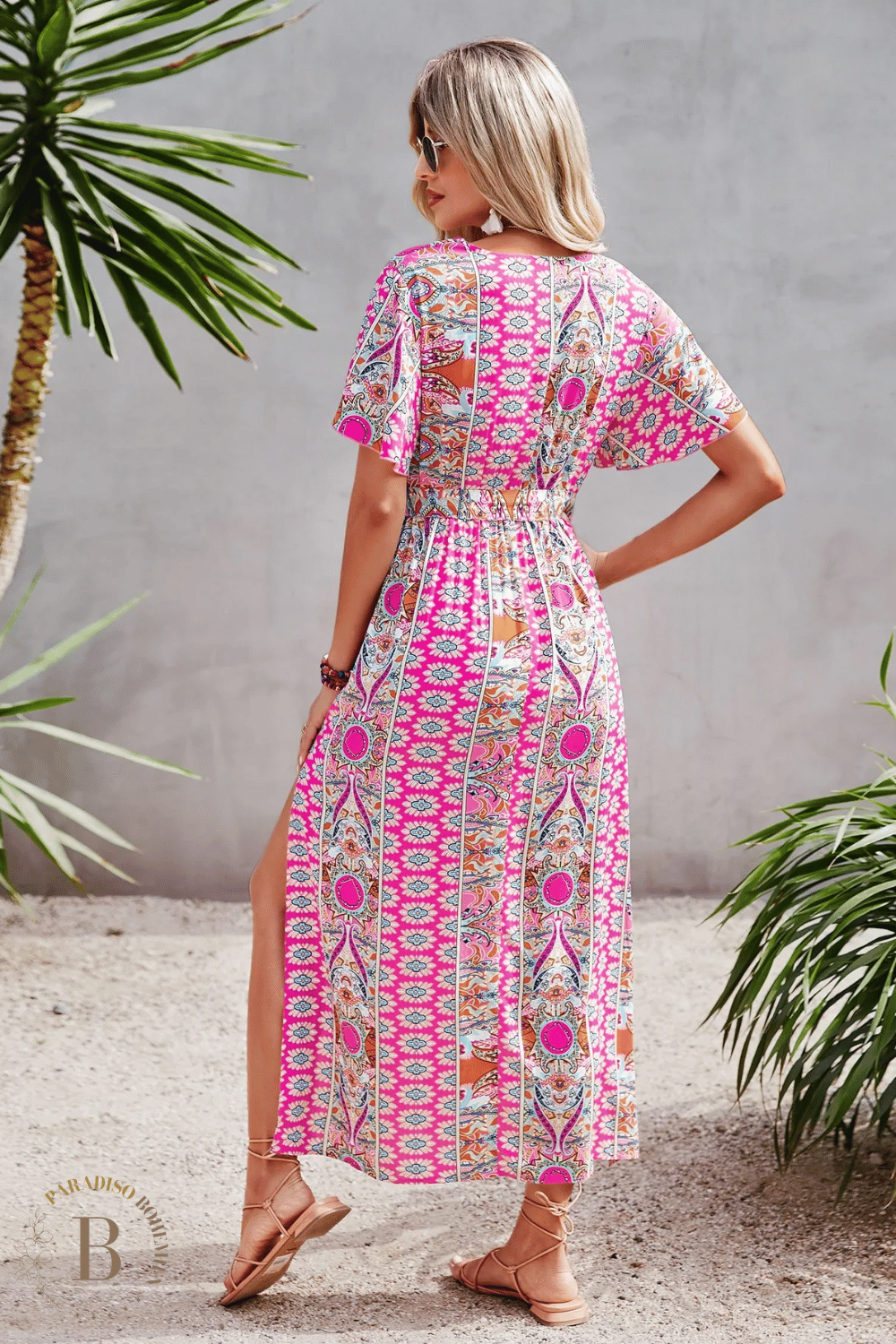 Abito Lungo Rosa con Spacco in Stile Bohémien Chic | Paradiso Bohemien