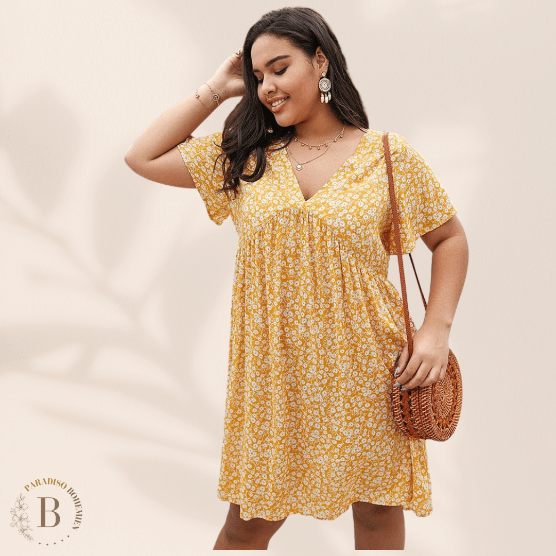 Abito Fantasia Taglie Forti Giallo | Paradiso Bohemien