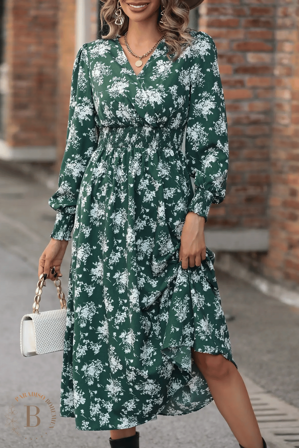 Vestito Verde a Fiori con Maniche Lunghe | Paradiso Bohemien