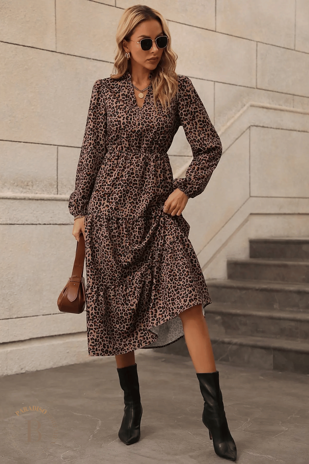 Vestito Leopardato Lungo con Maniche Lunghi | Paradiso Bohemien