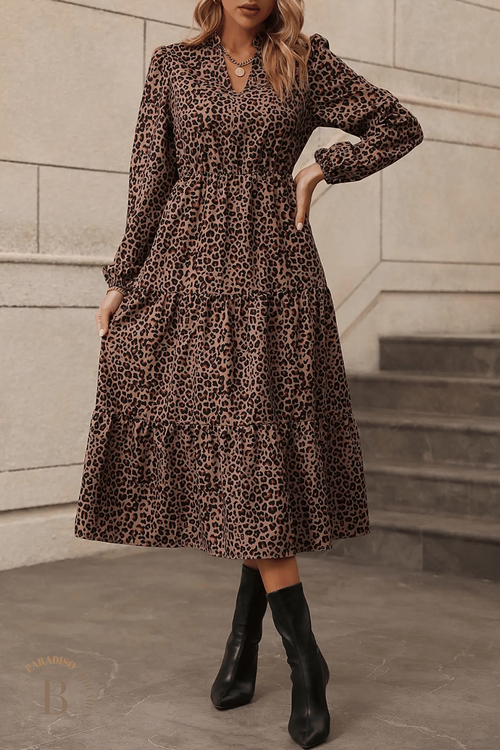 Abito Leopardato Lungo con Maniche Lunghi | Paradiso Bohemien