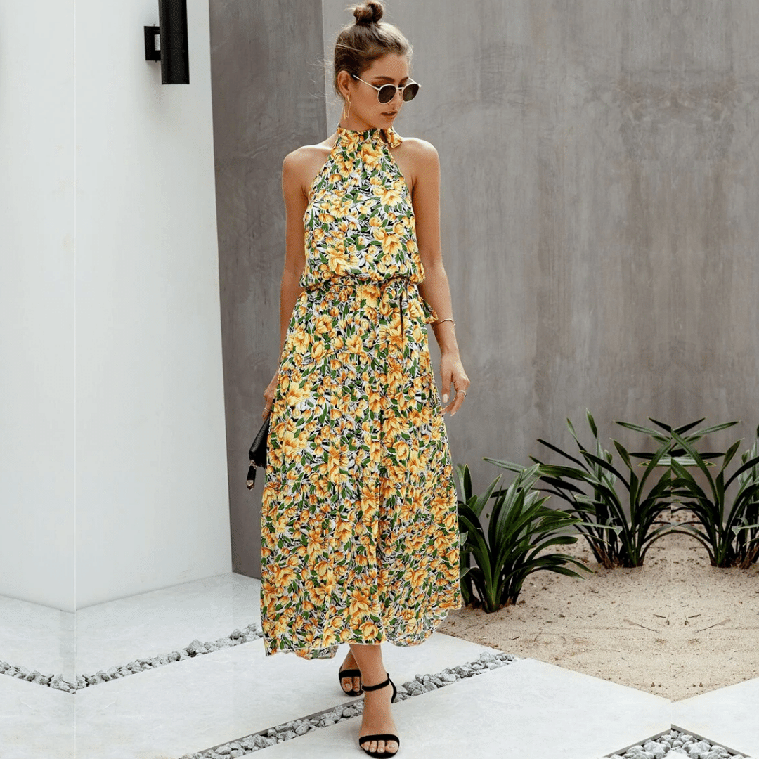 Abito Lungo Bohémien a Fiori Gialli