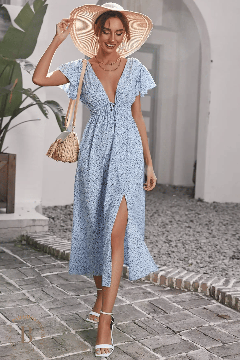 Vestito a Fiori Azzurro Scollatura Profonda | Paradiso Bohemien