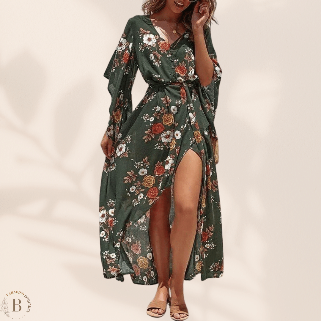 Abito Lungo Bohémien Floreale con Spacco | Paradiso Bohemien