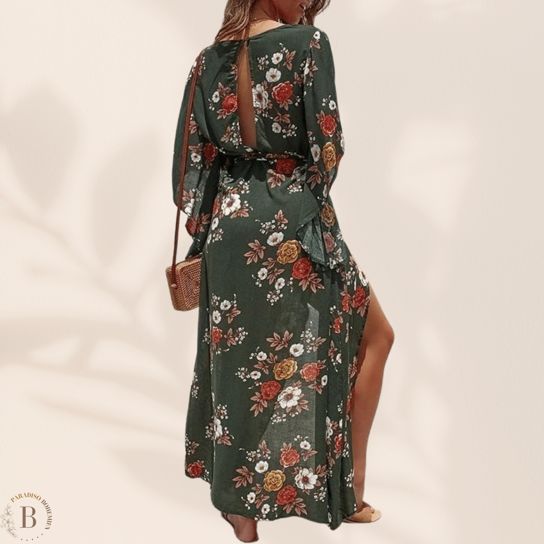 Abito Lungo Bohémien Floreale con Spacco Maniche Arricciate | Paradiso Bohemien