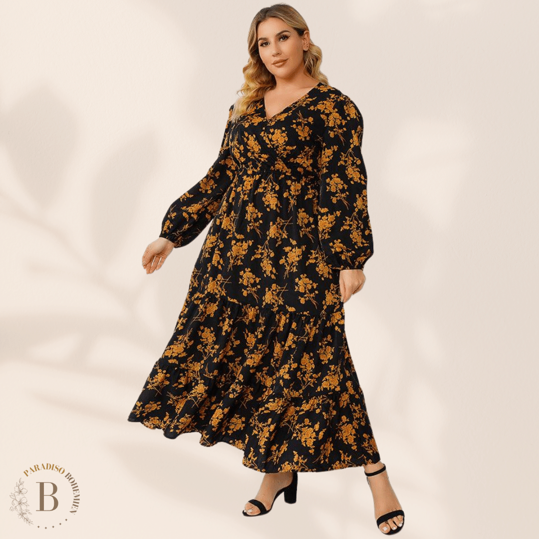 Abito Taglie Forti Nero con Fiori per donna | Paradiso Bohemien