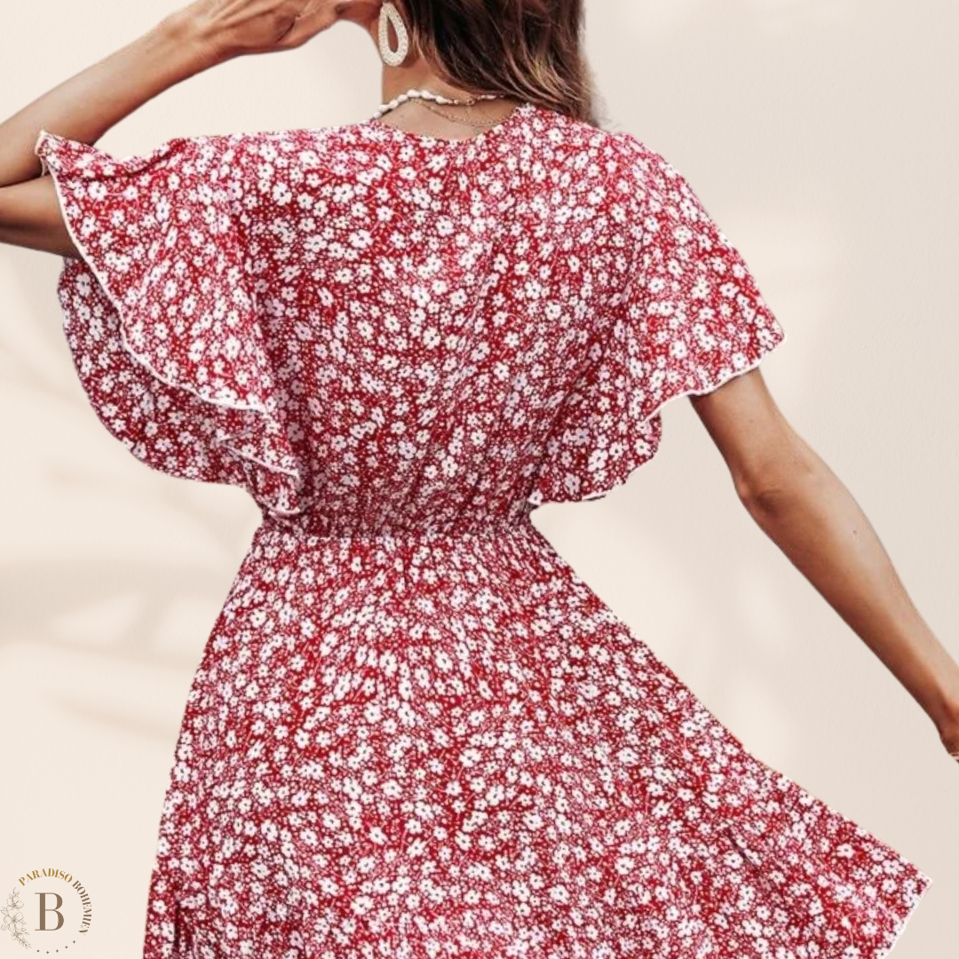 Abito Rosso Bohemien con Fiori Estate | Paradiso Bohemien