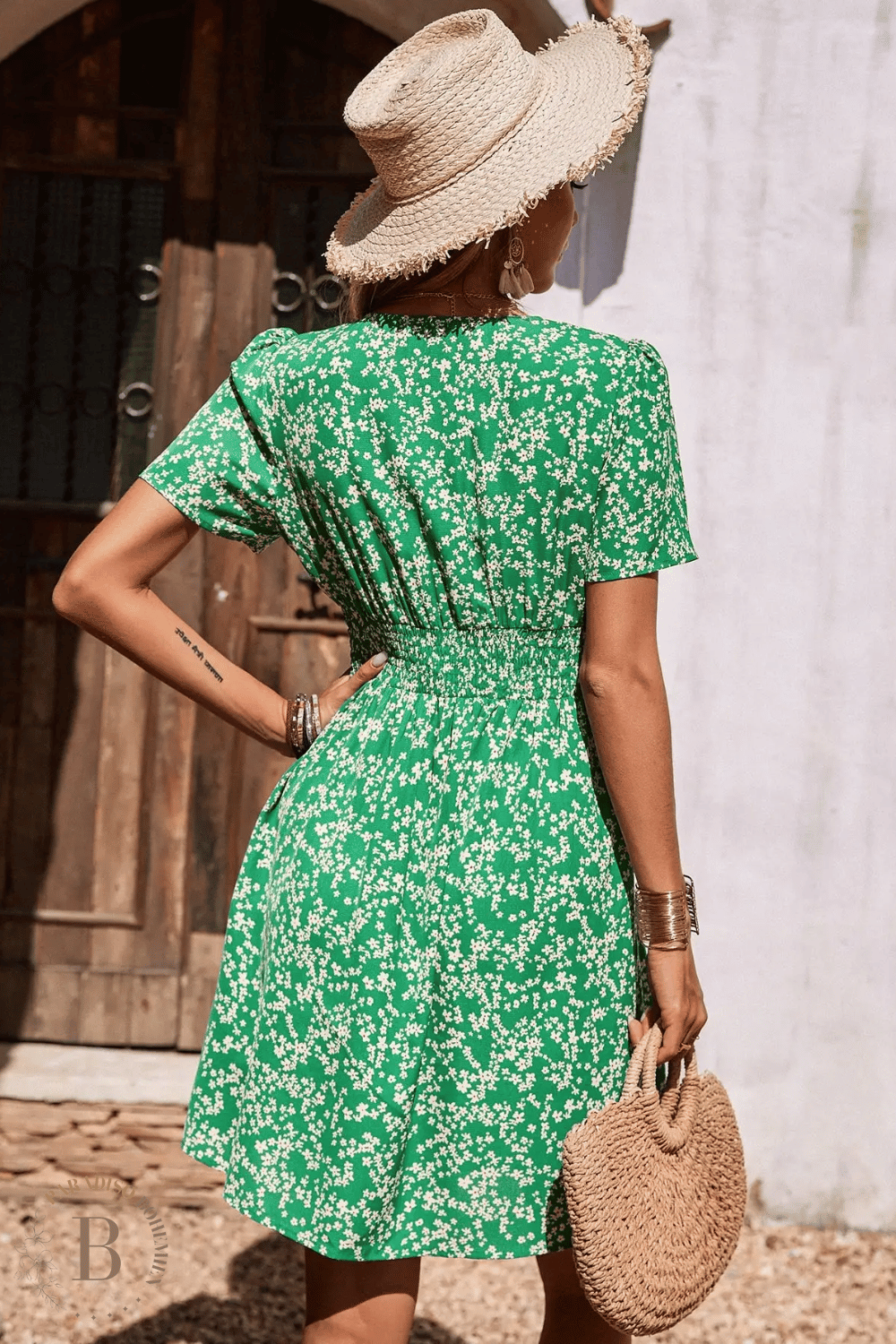 Abito Corto Verde a Fiori | Paradiso Bohemien