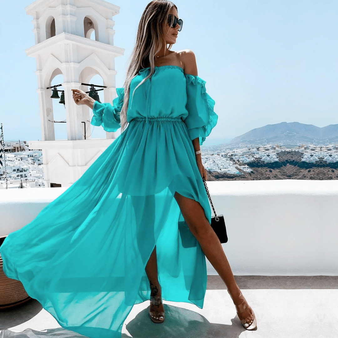 abito da cerimonia lungo turchese | Paradiso Bohemien