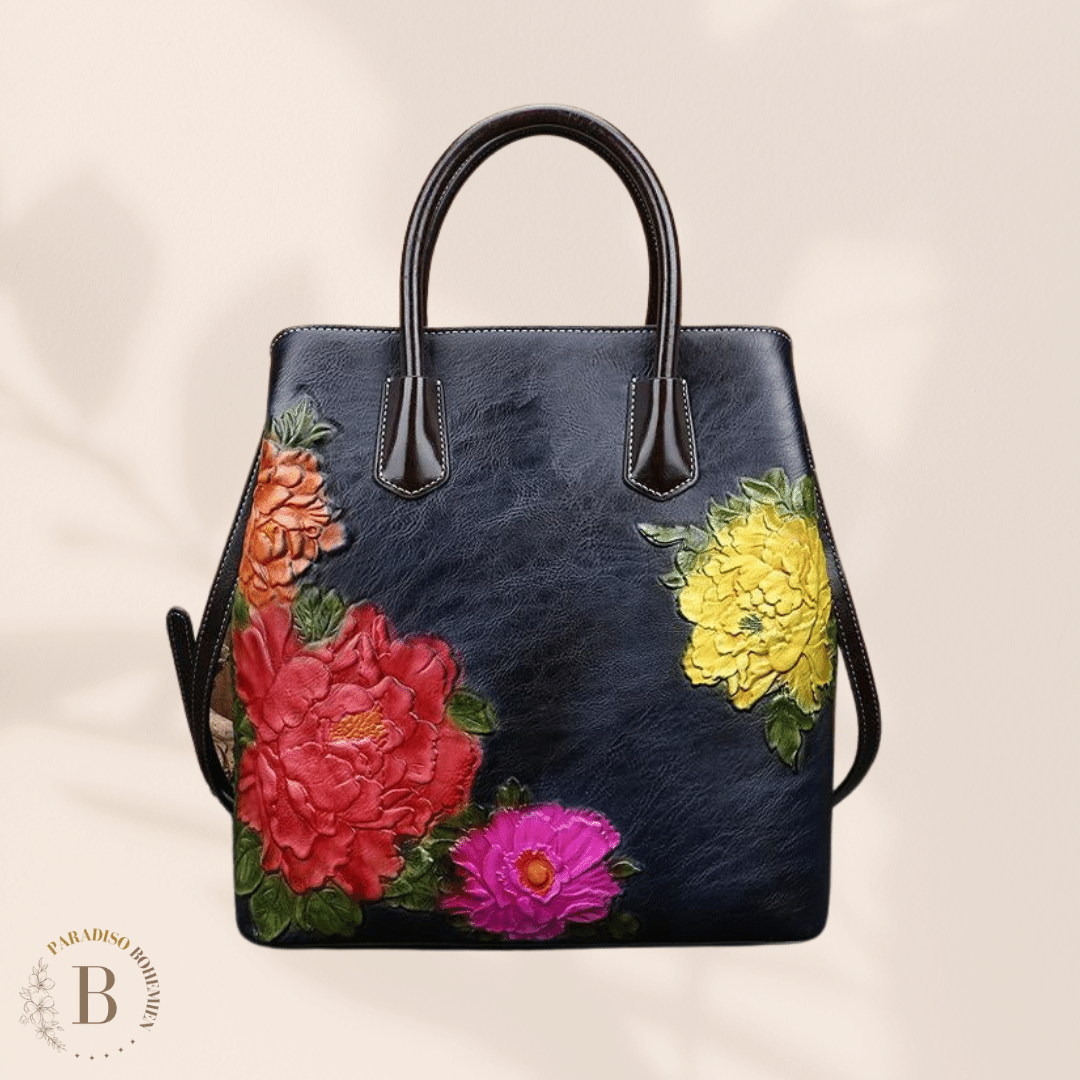 Borsa a mano di verra pelle con fiori | Paradiso Bohemien