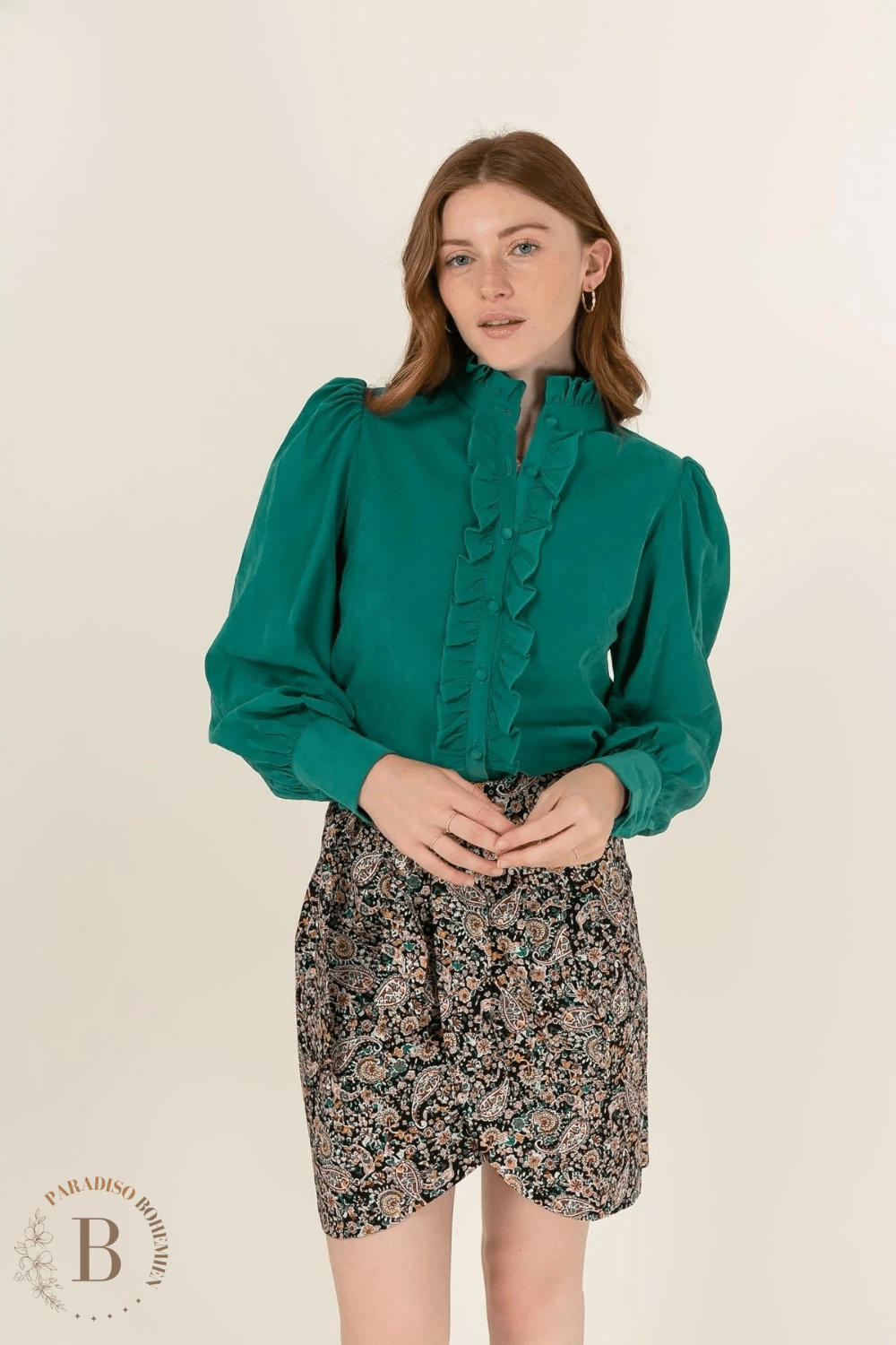 Camicia Volant Donna Verde Maniche Lunghe | Paradiso Bohemien