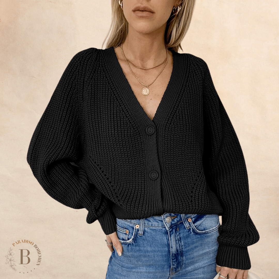 Cardigan Corto Nero con Maglia Larga Boho Chic | Paradiso Bohemien