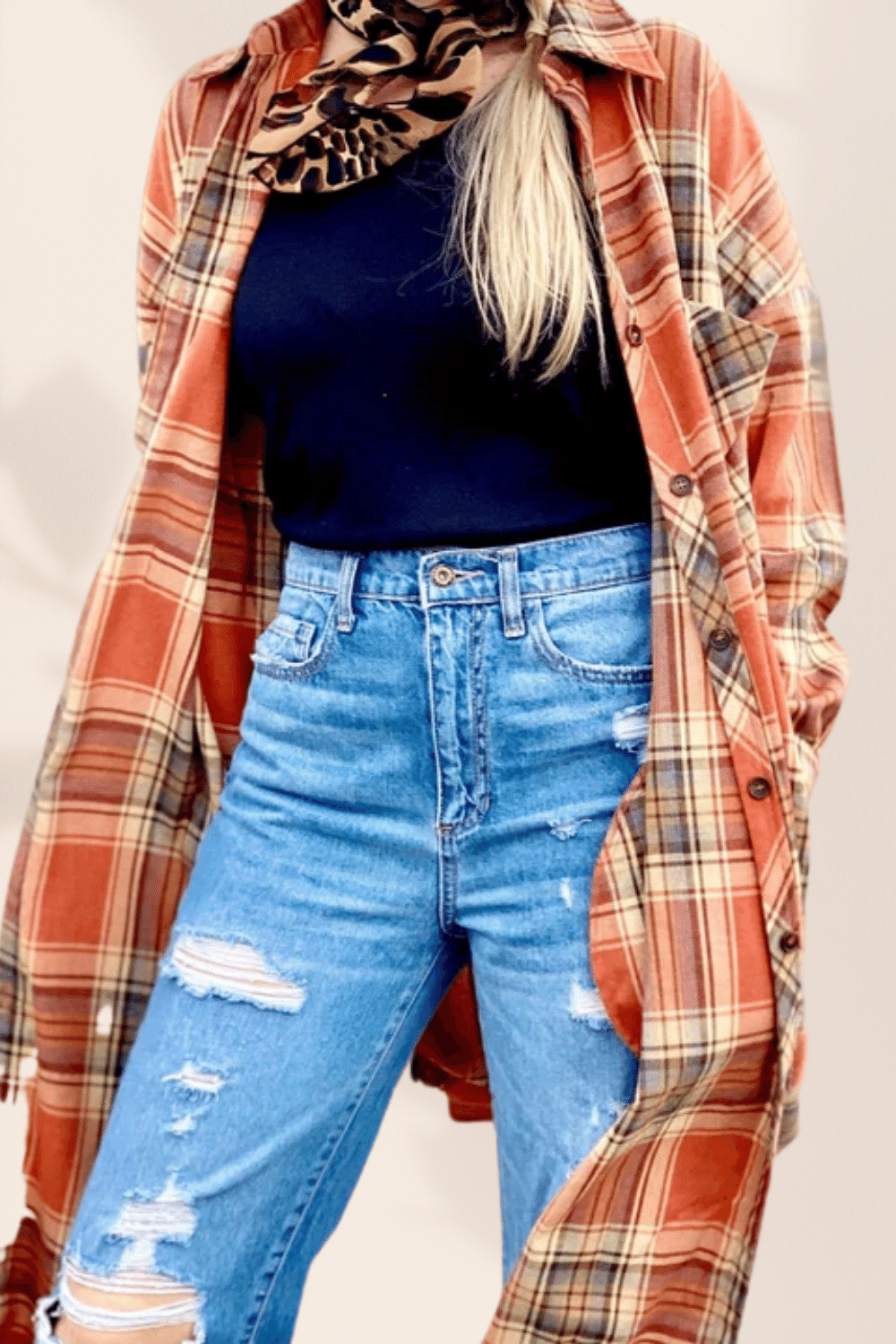 Giacca Camicia Lunga a Quadri da Donna di colore Arancione con Tasche | Paradiso Bohemien