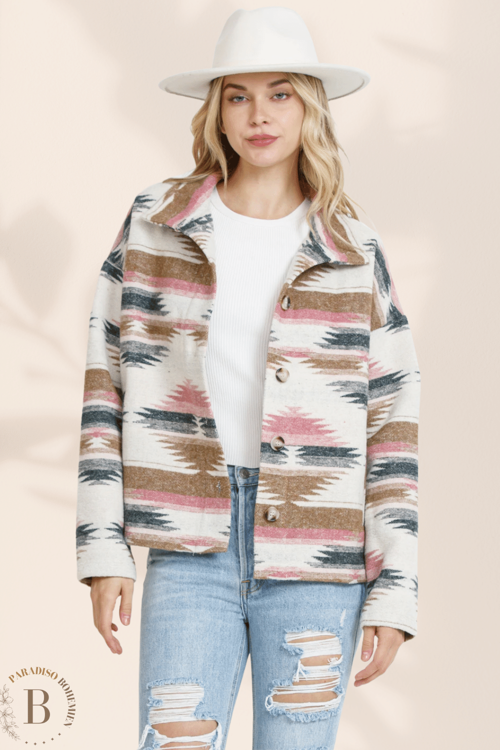 Giacca Corta Bianca da Donna con fantasia azteca | Paradiso Bohemien