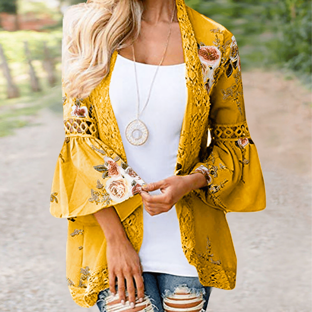 giacca gialla a fiori donna | giacca a fiori gialla stile boho