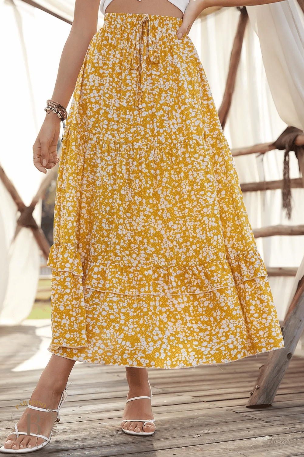 Gonna Gialla Lunga Estiva con Fiori | Paradiso Bohemien