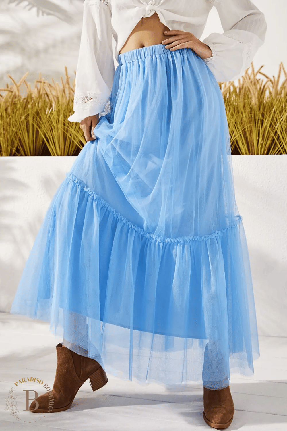Gonna Lunga in Tulle Blu Boho Chic | Paradiso Bohemien