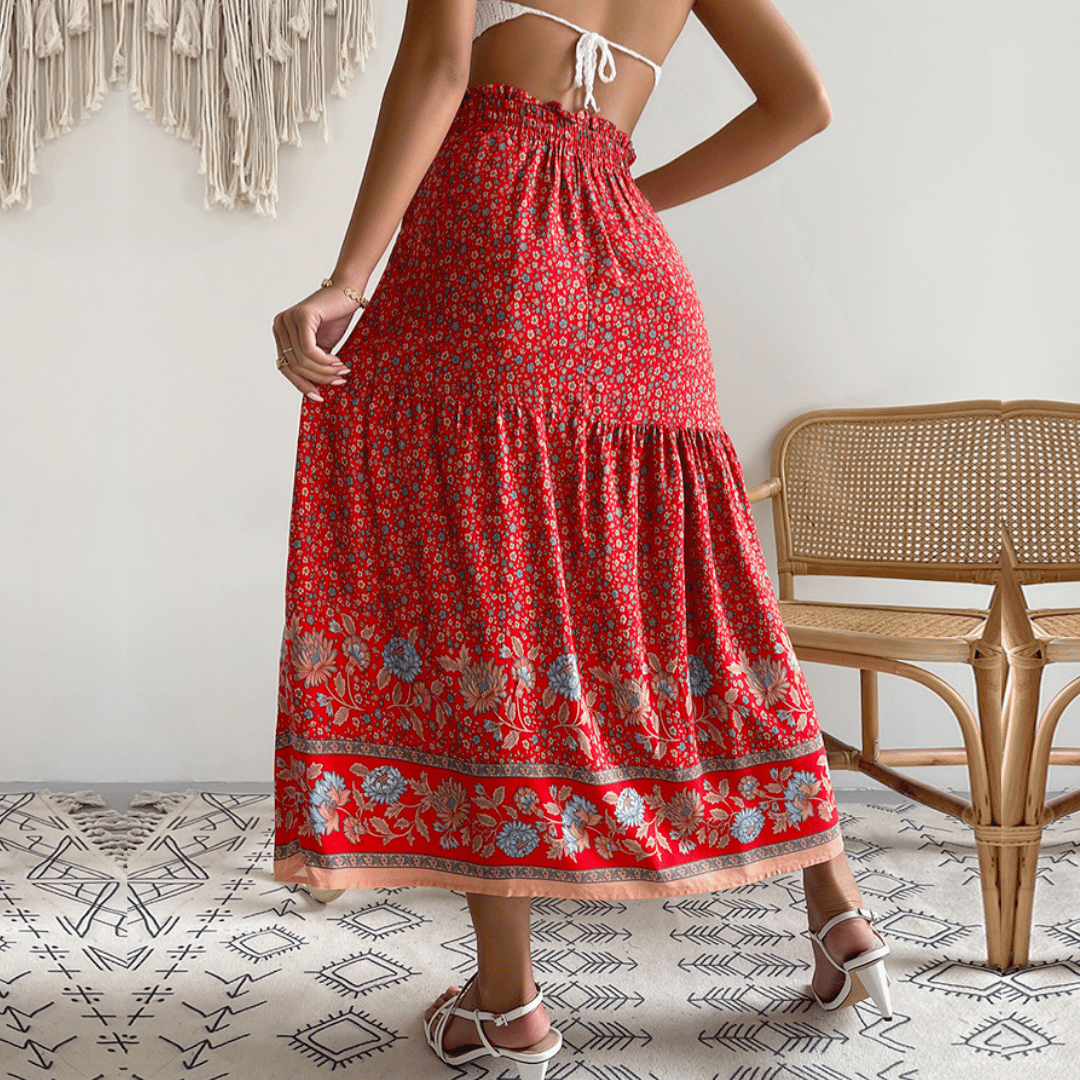 Gonna Rossa Fiori Lunga Bohemien