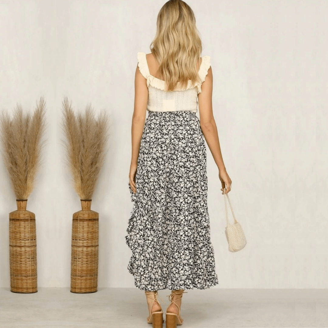 Gonna Lunga Asimmetrica Nera Fiori | Paradiso Bohemien