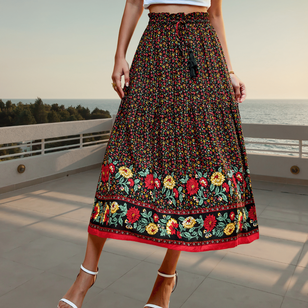 Gonna Lunga Boho Nera con Fiori | Paradiso Bohemien