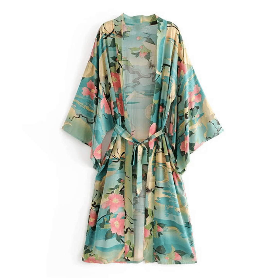 Kimono Verde Lungo a Fiori Boho | Paradiso Bohemien