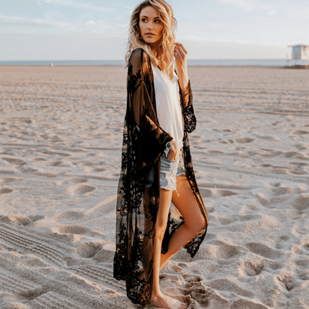 Kimono Pizzo Nero Lungo | Paradiso Bohemien