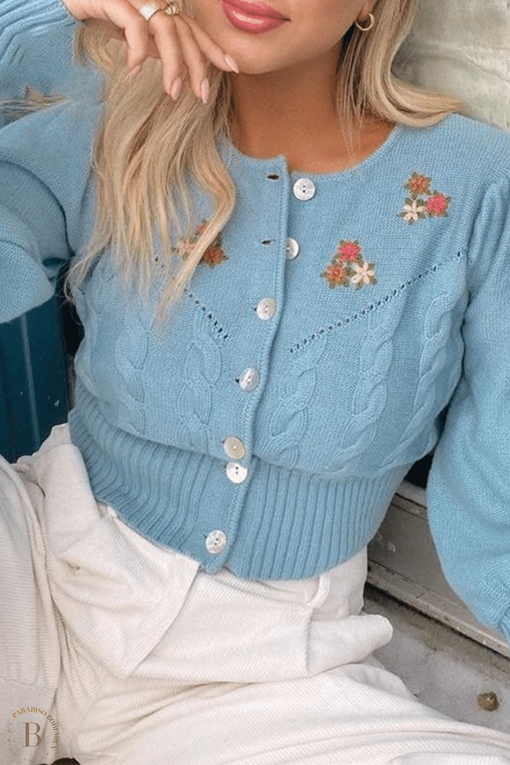 Maglione Blu Donna Motivo Floreale | Paradiso Bohemien