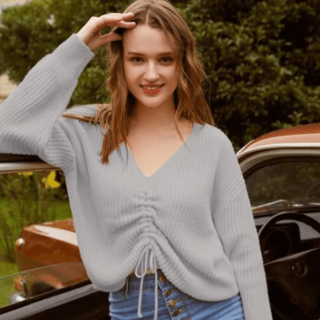 Maglione Grigio Boho Con Scollo A V | Paradiso Bohemien