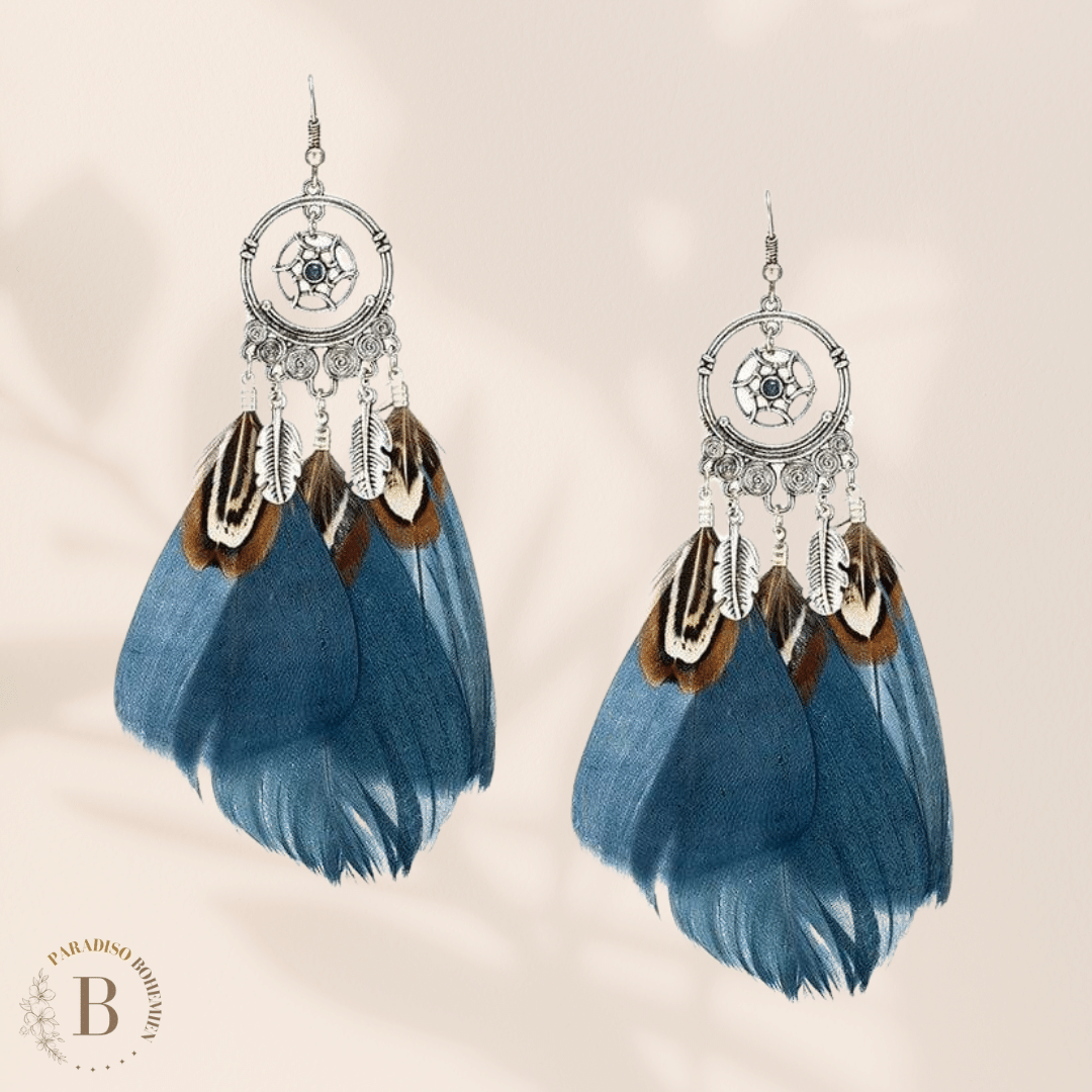 Orecchini Boho Chic Piume Blu | Paradiso Bohemien