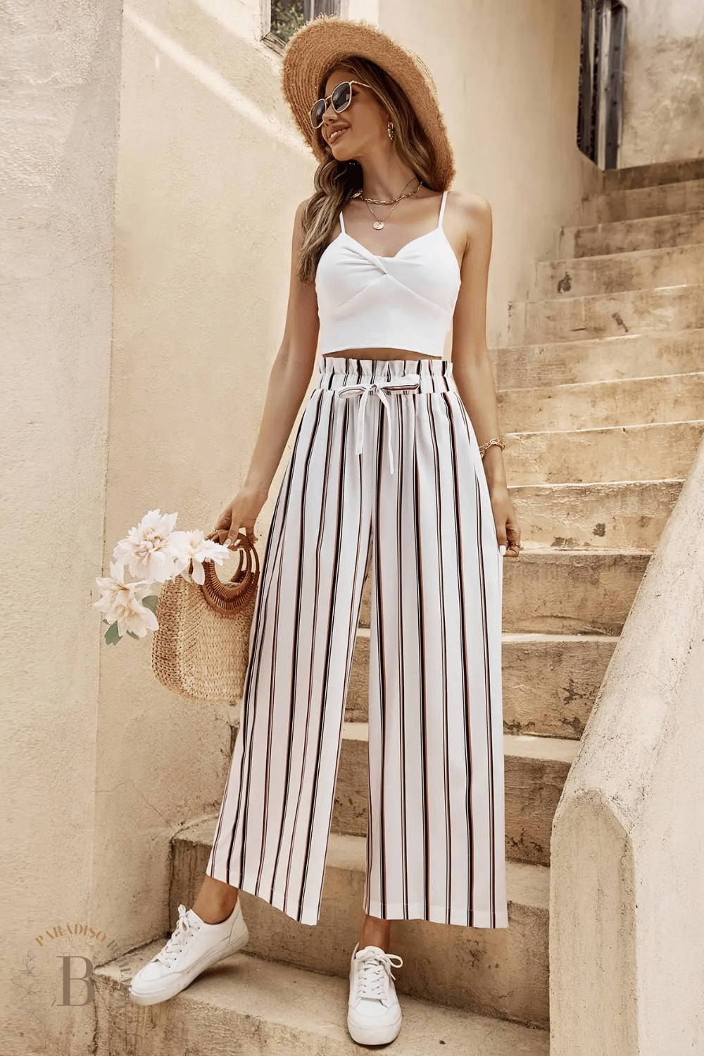 Pantaloni Bianchi a Righe Nere da Donna | Paradiso Bohemien