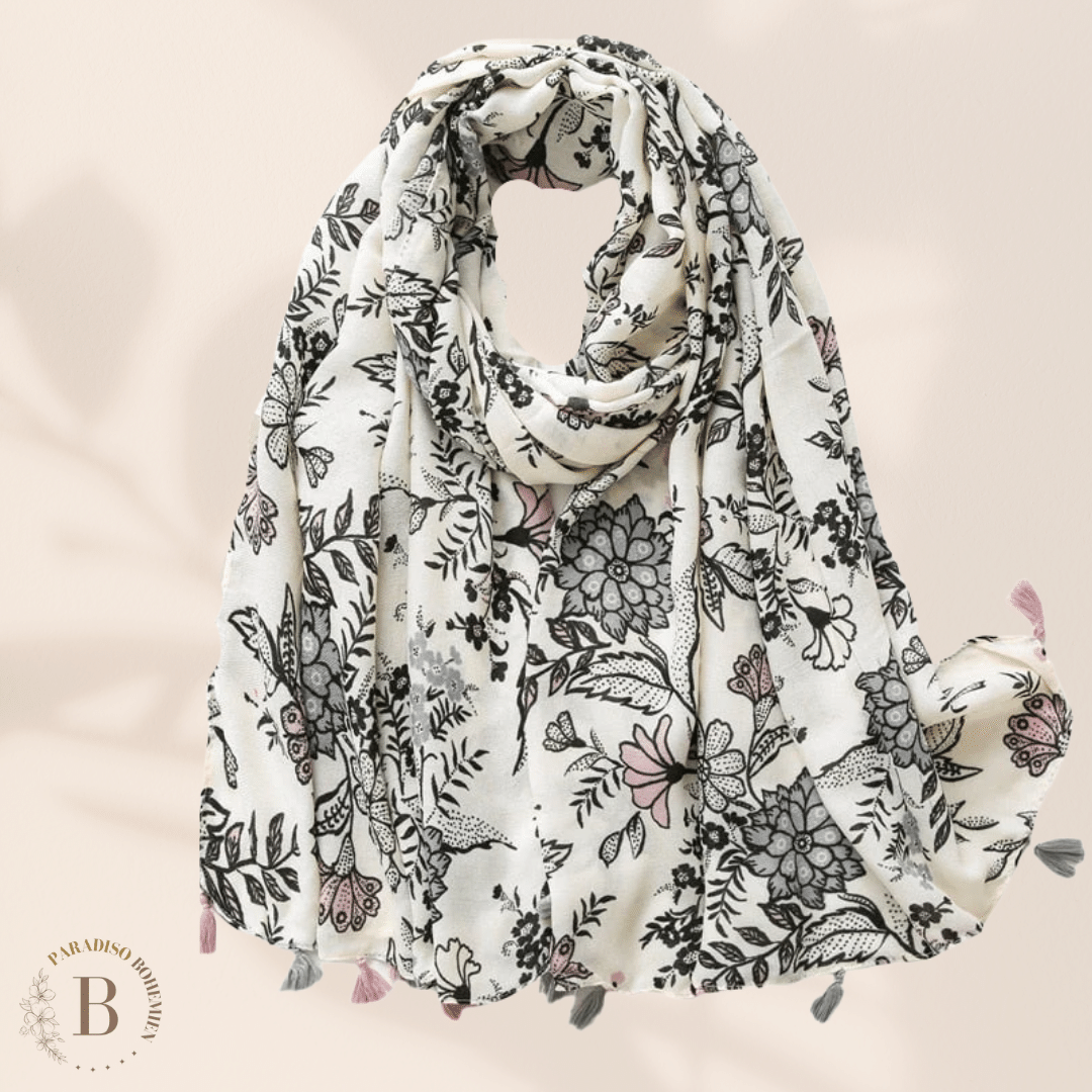 Sciarpa Bianca con Fiori Boho | Paradiso Bohemien