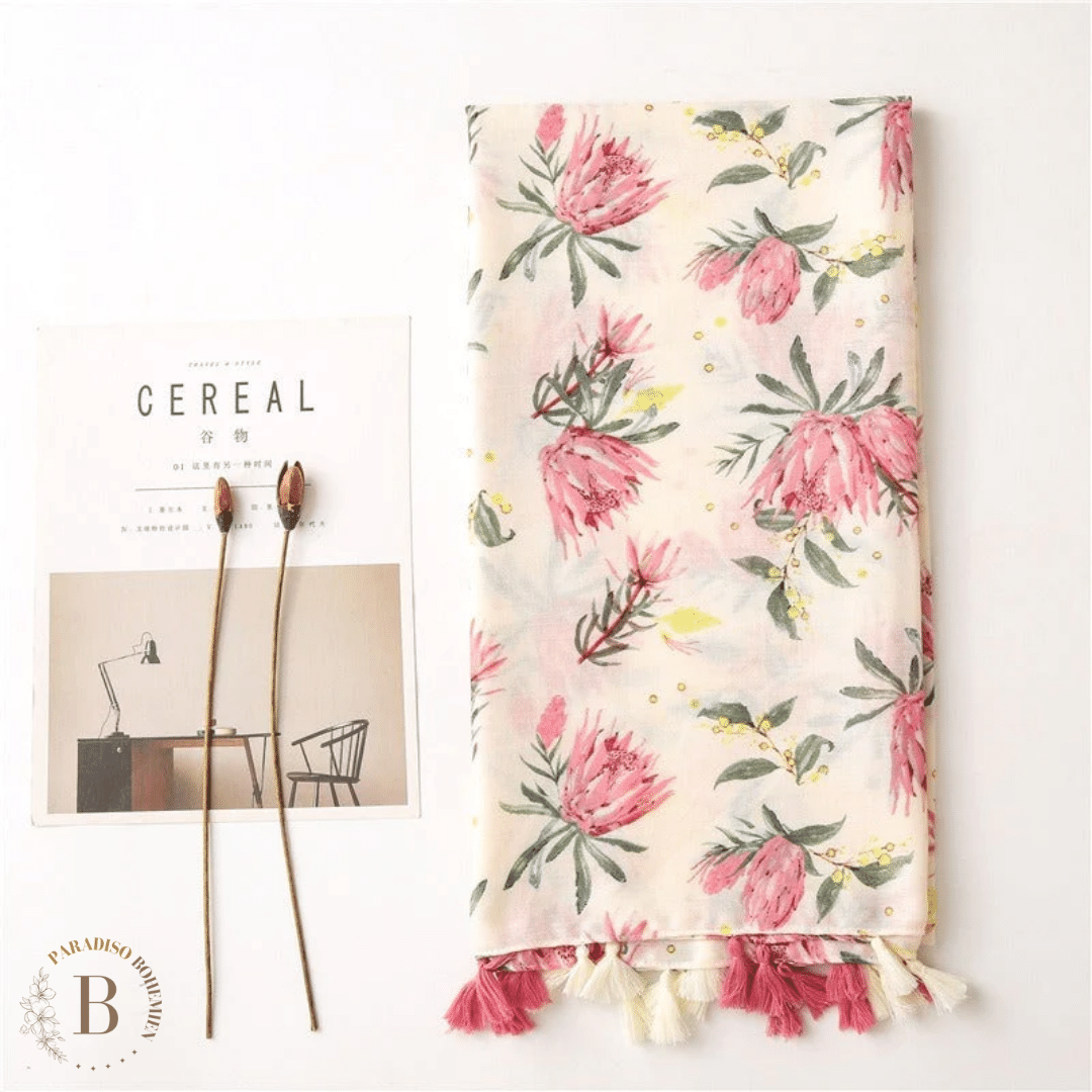 Sciarpa Beige con Fantasia Fiori Rosa | Paradiso Bohemien