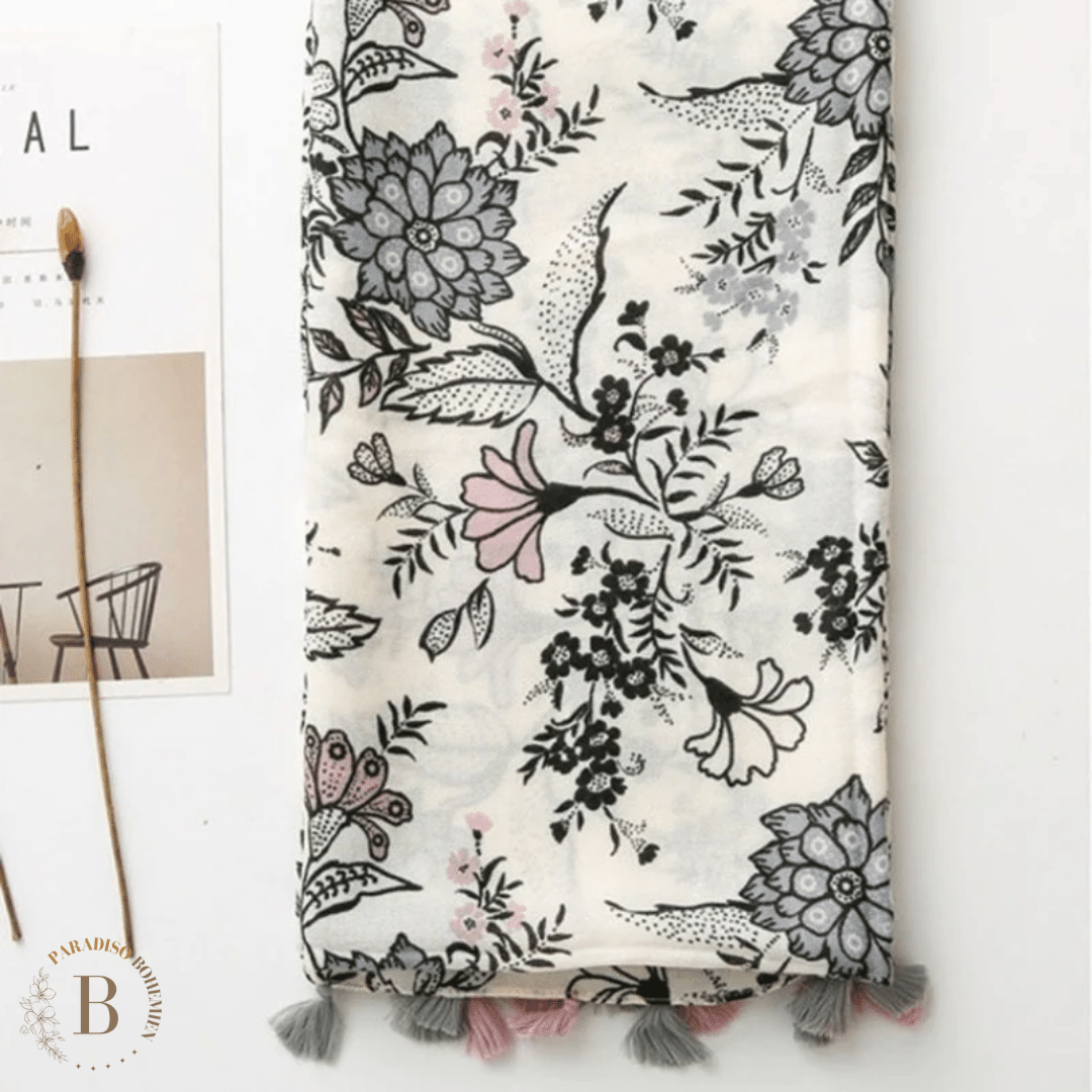 Sciarpa Bianca con Stampa Floreale Boho | Paradiso Bohemien